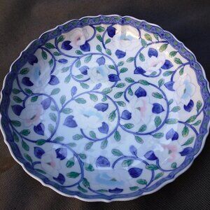 Vintage Maebata Gokusai Hand Painted Blue Lotus Flower Porcelain Bowl from Japan